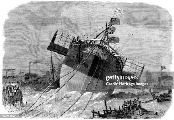 Launch of the "Paramatta" Steam-ship at Blackwall on Monday week, 1858. Paddle steam-ship, built by the Thames Iron and Shipbuilding Company,...