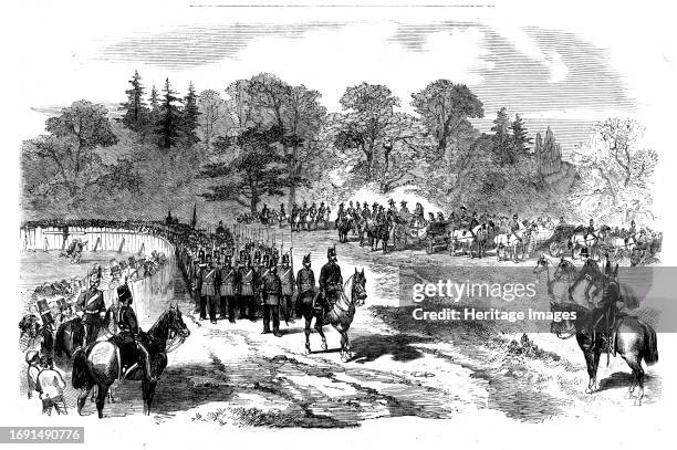 Her Majesty inspecting the Aldershott Division at Frimley, 1858. '...the whole division consisted of eleven regiments of infantry, two regiments of...