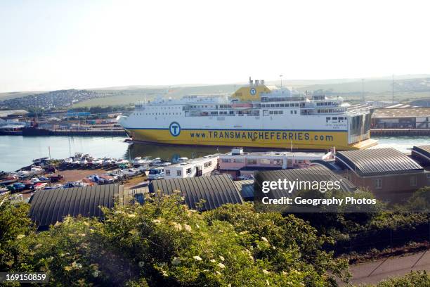 Transmanche Ferries ferry ship arriving at Newhaven, East Sussex, England.