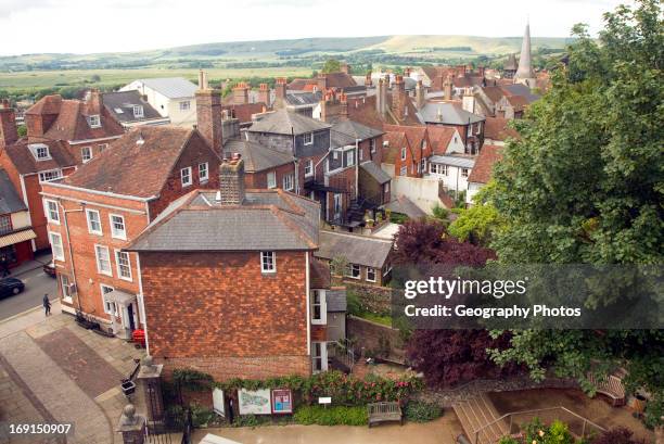 View over rooftops of buildings, Lewes, East Sussex, England.