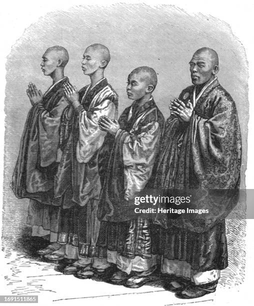 Bonzes praying; A European Sojourn in Japan', 1875. From, 'Illustrated Travels' by H.W. Bates. [Cassell, Petter, and Galpin, circa 1880, London]....