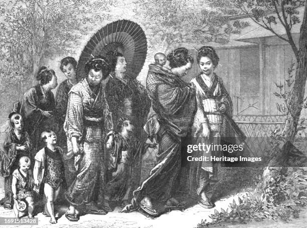 Japanese women going on a visit; A European Sojourn in Japan', 1875. From, 'Illustrated Travels' by H.W. Bates. [Cassell, Petter, and Galpin, circa...