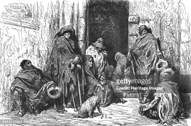Beggars in Cathedral of Barcelona; Notes on Spain', 1875. From, 'Illustrated Travels' by H.W. Bates. [Cassell, Petter, and Galpin, circa 1880,...