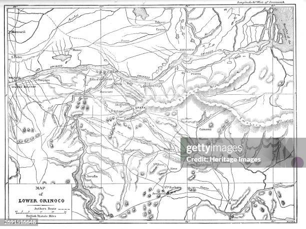 Map of the Lower Orinoco; A Journey up the Orinoco', 1875. From, 'Illustrated Travels' by H.W. Bates. [Cassell, Petter, and Galpin, circa 1880,...