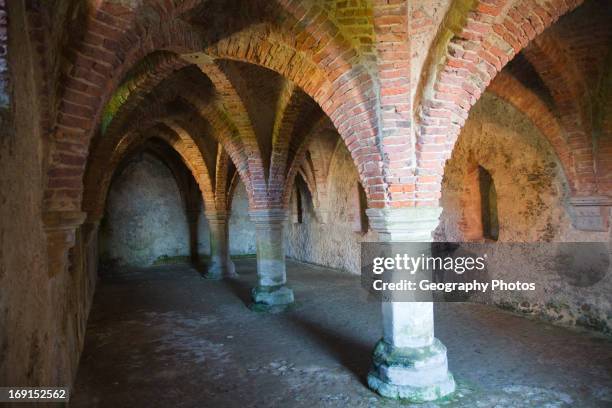 Vaulted roof and pillars in the cellar of the historic Guildhall, Blakeney, Norfolk, England.