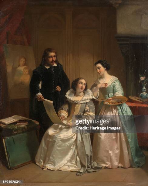 Gerard van Honthorst Showing the Drawings of his Pupil Louise of Bohemia to Amalia van Solms, 1854. Creator: Hendrick Jacobus Scholten.