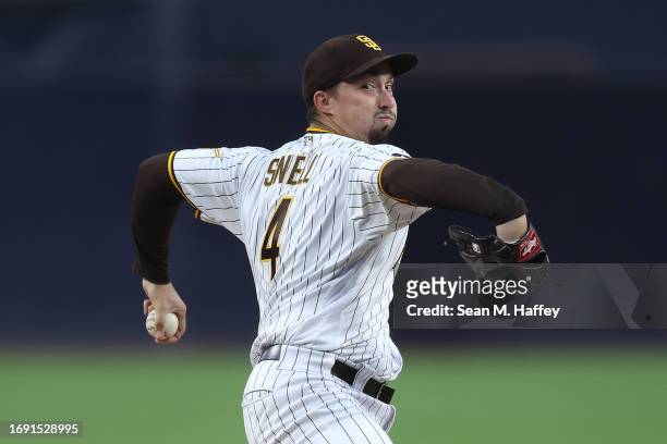 Blake Snell of the San Diego Padres pitches during the first inning of a game against the Colorado Rockies at PETCO Park on September 19, 2023 in San...
