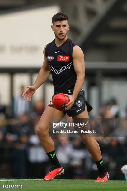 Nick Daicos of the Magpies in action during a Collingwood Magpies AFL training session at Olympic Park Oval on September 20, 2023 in Melbourne,...