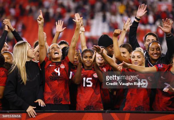 Canada celebrate a win against Jamaica during a Paris 2024 Olympic Games Qualifier match at BMO Field on September 26, 2023 in Toronto, Ontario,...