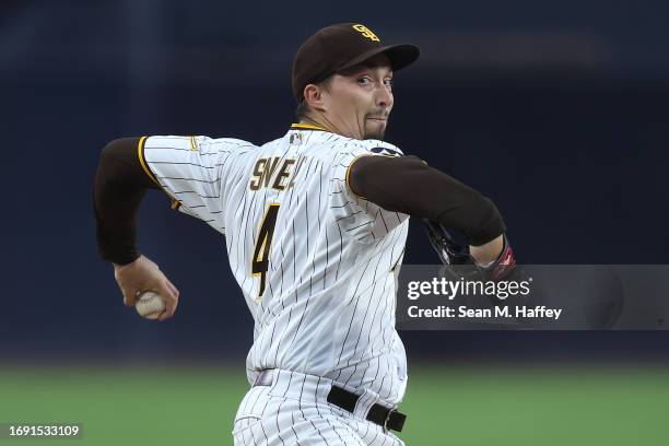 Blake Snell of the San Diego Padres pitches during the first inning of a game against the Colorado Rockies at PETCO Park on September 19, 2023 in San...