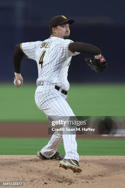 Blake Snell of the San Diego Padres pitches during the first inning of a game against the Colorado Rockies at PETCO Park on September 19, 2023 in San...