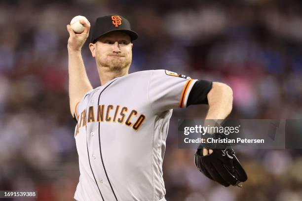 Starting pitcher Alex Cobb of the San Francisco Giants pitches against the Arizona Diamondbacks during the first inning of the MLB game at Chase...
