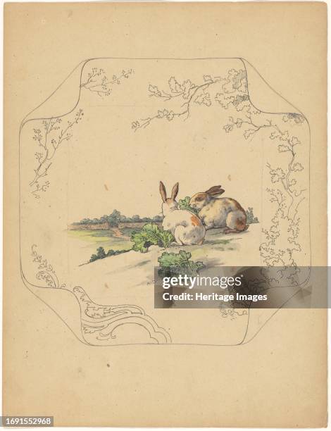 Design for model 'square' board with two rabbits, circa 1875Two rabbits with a walled garden in the background. Creator: Albert Louis Dammouse.