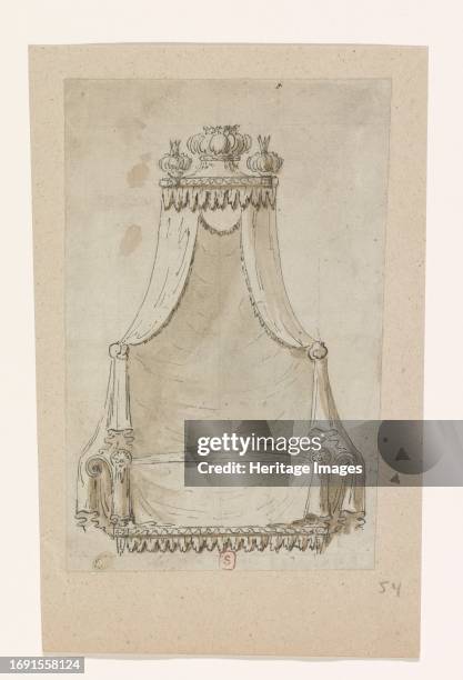 Design for a bed, circa 1770Sketch by an architect or decorative designer for the curtains, plumes, coverlet and pillows of a bed. Creator: Anon.