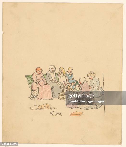 Women and children eat plums, circa 1880Four women, a boy and girl are sitting on a bench and eating plums from a basket. In the foreground a stork,...