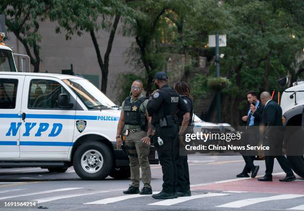 Security checkpoint is set up near the the United Nations headquarters during the General Debate of the 78th session of the United Nations General...