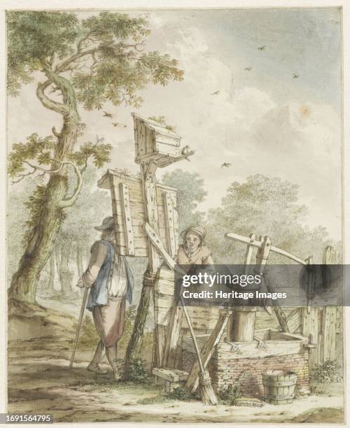 Landscape with two men at a noticeboard near a water pump, circa 1750-1808. Creator: Bartholomeus Barbiers.