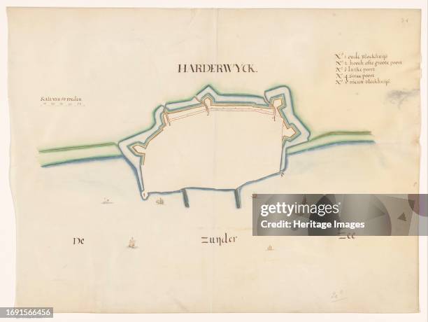 Plan of Harderwijk Fortress, circa 1650On the left a scale: range of 50 rods. Creator: Anon.