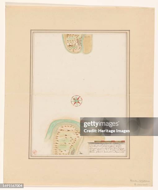 Map of East-Vlieland and West-Terschelling, 1688 or later. At the bottom right the title with a scale of 900 Rijnlantse rods above it. Creator: Anon.