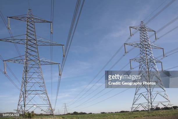 Huge electricity pylons and transmission lines cross Suffolk countryside linking Sizewell nuclear power station to the National Grid, Suffolk, England