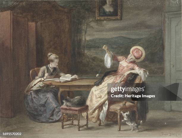 Two young women at a table, 1870. One reads the Bible and does embroidery while the other teases a kitten with a yo-yo. Creator: David Joseph Bles.