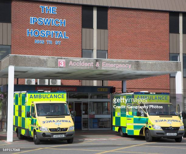 Ambulances outside Accident and Emergency, Ipswich Hospital, Suffolk, England.