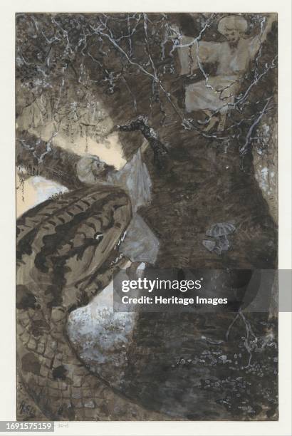 Man in a tree is grabbed by a snake, 1910 or earlier. Two bearded men in turbans on their heads have climbed into a tree. A giant serpent attacks...