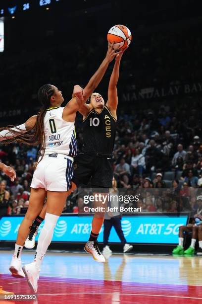 Satou Sabally of the Dallas Wings blocks the shot during the game against the Las Vegas Aces during the 2023 WNBA Playoffs on September 26, 2023 at...