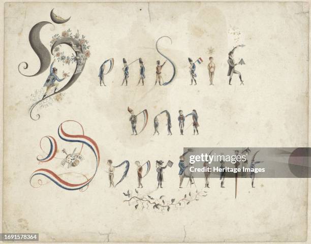 Anthropomorphic letters, 1775-1824. . Alphabet consisting of soldiers and civilians with Dutch flags. One of the figures in the bottom row is...