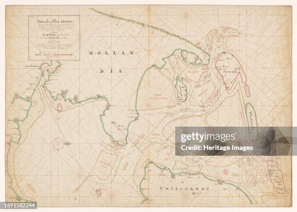 Map of Noord-Holland, Texel, Vlieland, Terschelling, part of Friesland and the surrounding sandbanks, 1712. Top left, cartouche with the title 'Texel...