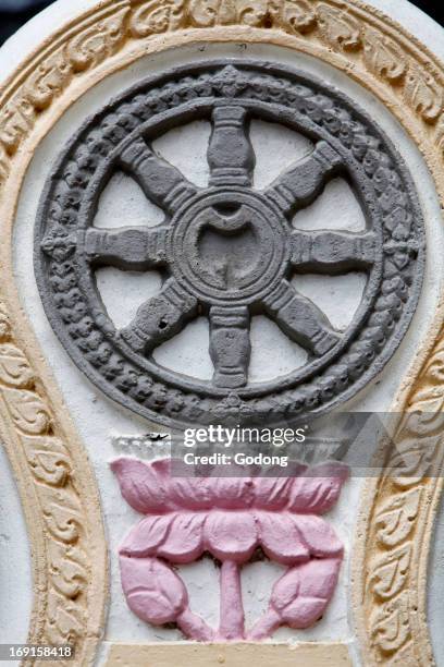 Buddhist symbols in Wat Ounalom, sculpture depicting the wheel and lotus flower