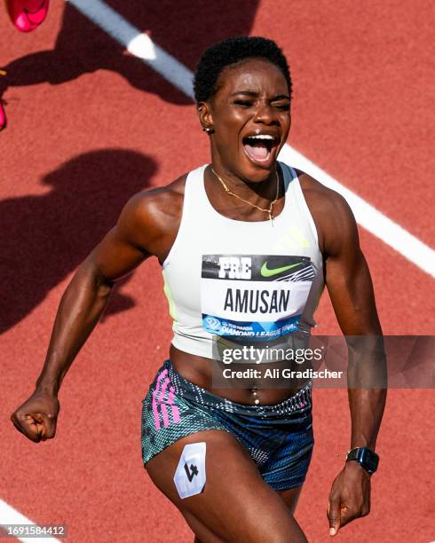 Tobi Amusan of Nigeria reacts after winning the Women's 100m Hurdles during the 2023 Prefontaine Classic and Wanda Diamond League Final at Hayward...