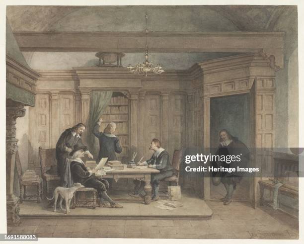 Five men in interior, circa 1837Creator: Jan Striening.