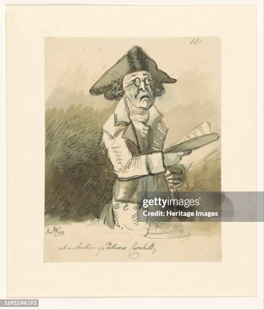 At an Auction of Pictures Cornhill, 1792. A man with glasses and a tricorne hat, a catalogue in his hand, at an auction of paintings. Creator: John...