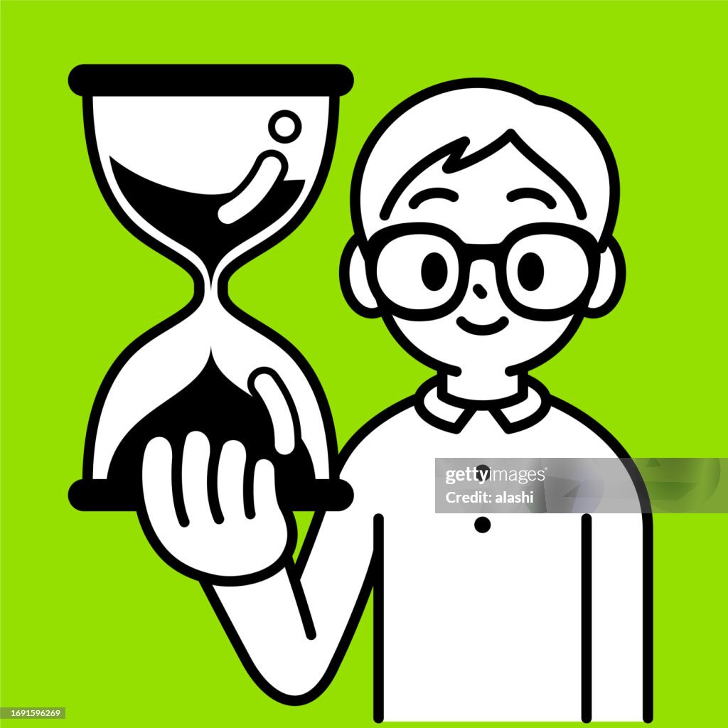 A studious boy with Horn-rimmed glasses holds an hourglass, looking at the viewer, a minimalist style, black and white outline, Time for Knowledge, Awakening Wisdom, Rise and Learn, The Discipline of Time