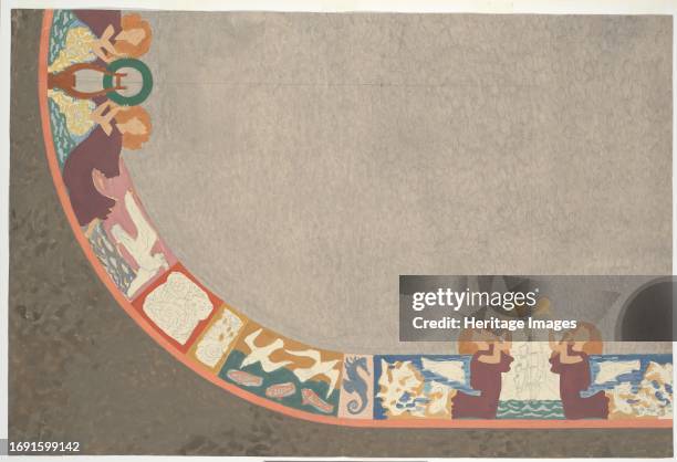 Design for a carpet or ceiling painting, circa 1938. Classical and maritime elements in an oval decorative edge, seahorses and angels. Creator: Leo...