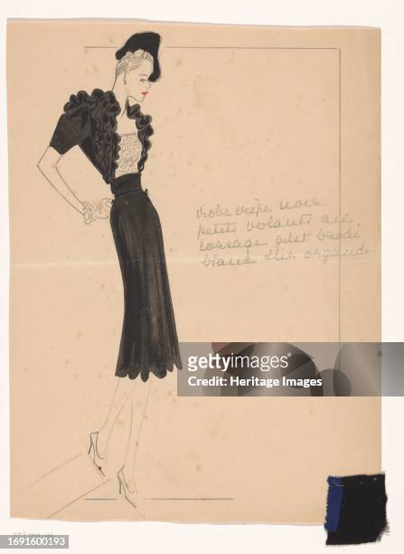 Robe crepe noir petits volants au corsage, gilet brodé blanc sur organdi, 1938-1939. Black crepe dress small ruffles at the bodice, white embroidered...