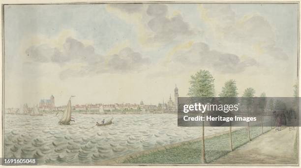 View of Kampen from the riverbank, 1770-1810. Boats on the river Ijssel. Creator: Pieter Remmers.