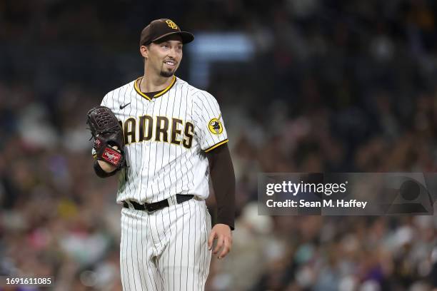 Blake Snell of the San Diego Padres looks o during the sixth inning of a game against the Colorado Rockies at PETCO Park on September 19, 2023 in San...