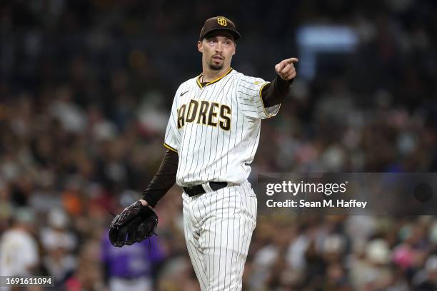 Blake Snell of the San Diego Padres looks o during the sixth inning of a game against the Colorado Rockies at PETCO Park on September 19, 2023 in San...