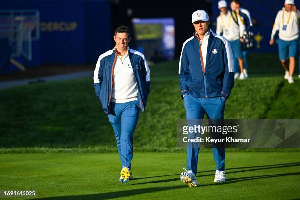 Team Europe players Rory McIlroy and Ludvig Aberg arrive for a team photo call prior to the 2023 Ryder Cup at Marco Simone Golf Club on September 26,...