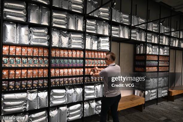 An employees arranges bags of roasted coffee beans at Starbucks' Coffee Innovation Park on September 19, 2023 in Kunshan, Jiangsu Province of China....