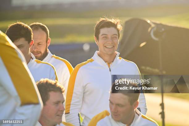 Viktor Hovland of Team Europe smiles during a team photo call prior to the 2023 Ryder Cup at Marco Simone Golf Club on September 26, 2023 in Rome,...