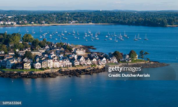 aerial view of homes on the coast of salem massachusetts - salem massachusetts stock pictures, royalty-free photos & images