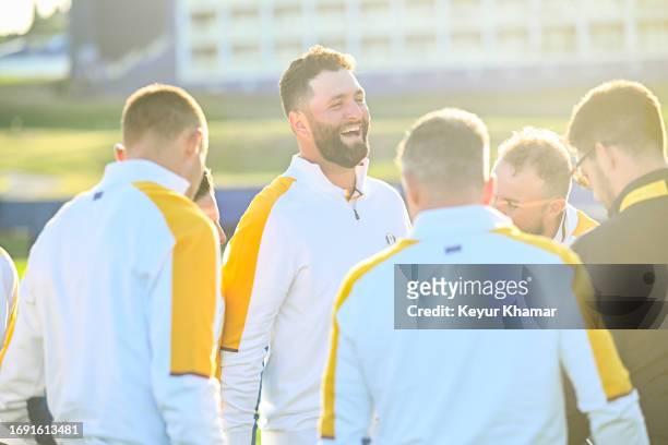 Team Europe players Jon Rahm and Shane Lowry smile during a team photo call prior to the 2023 Ryder Cup at Marco Simone Golf Club on September 26,...