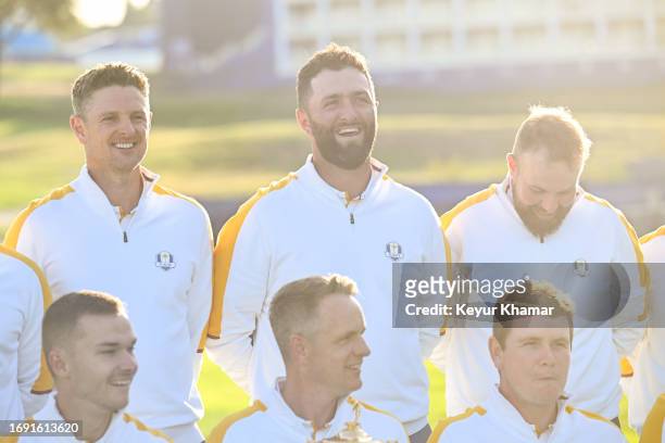 Team Europe players Justin Rose, Jon Rahm, Shane Lowry, Robert MacIntyre, Nicolai Hojgaard and Captain Luke Donald smile during a team photo call...