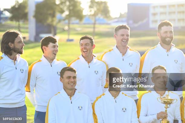 Team Europe players Tommy Fleetwood, Matthew Fitzpatrick, Rory McIlroy, Justin Rose, Jon Rahm, Ludvig Aberg, Nicolai Hojgaard and Captain Luke Donald...