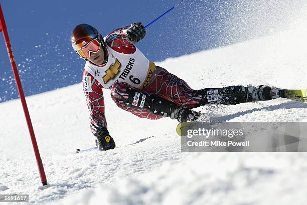 Jake Zamansky of the USA competes in the first run of the men's FIS Ski World Cup Giant Slalom at Park City Ski Resort on November 22, 2002 in Park...
