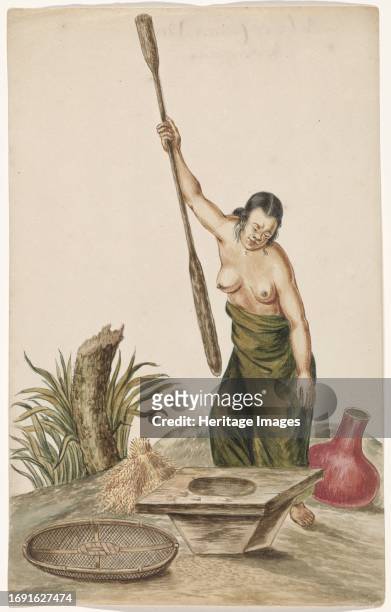 Woman pounding rice in a pestle and mortar, 1675'Balinese or Chinese woman'. On the left is a sieve and a bundle of rice stalks, and a pot on the...