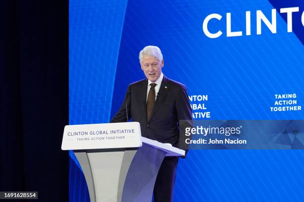Former US President Bill Clinton speaks during the Clinton Global Initiative meeting at the Hilton Midtown on September 19, 2023 in New York City.